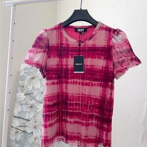 DKNY Pink Puff Sleeve Ribbed Tee
